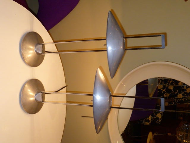 ...SOLD...This PAIR, designed in 1988, are Jorge Pensi's Regina lamps produced by B Lux in Spain and were a modern interpretation of the traditional desk lamp.  With their futuristic and sculptural shapes, they are unique, have a small footprint and