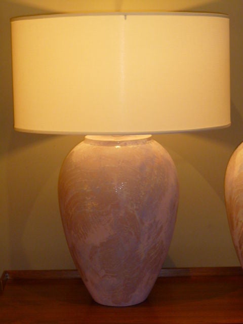 Reduced for SATURDAY SALE from $1500.....Large in form and uniqueness, this pair of oil jar form table lamps have a wonderful very textured glaze and a myriad array of soft swirled colors from white to blue to pink to purple and in between. Very