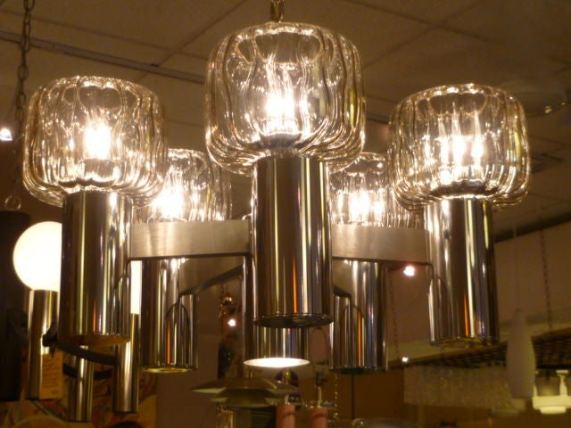 Exciting Five Globe Nickel Lightolier Chandelier In Excellent Condition In Miami, FL