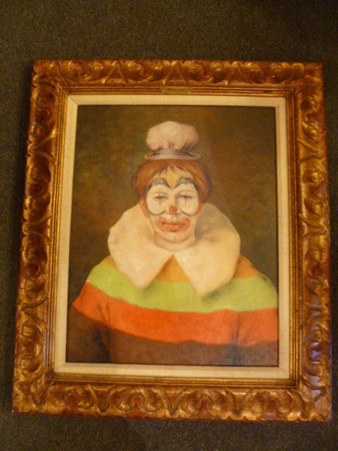 Very delightful and agreeable and most beautiful Clown portrait, oil on canvas, by Italian artist Roncato, born in Turin, December 1929.  Known for his bright colors and light touch.  Frame, carved giltwood with linen fillet and brass artist