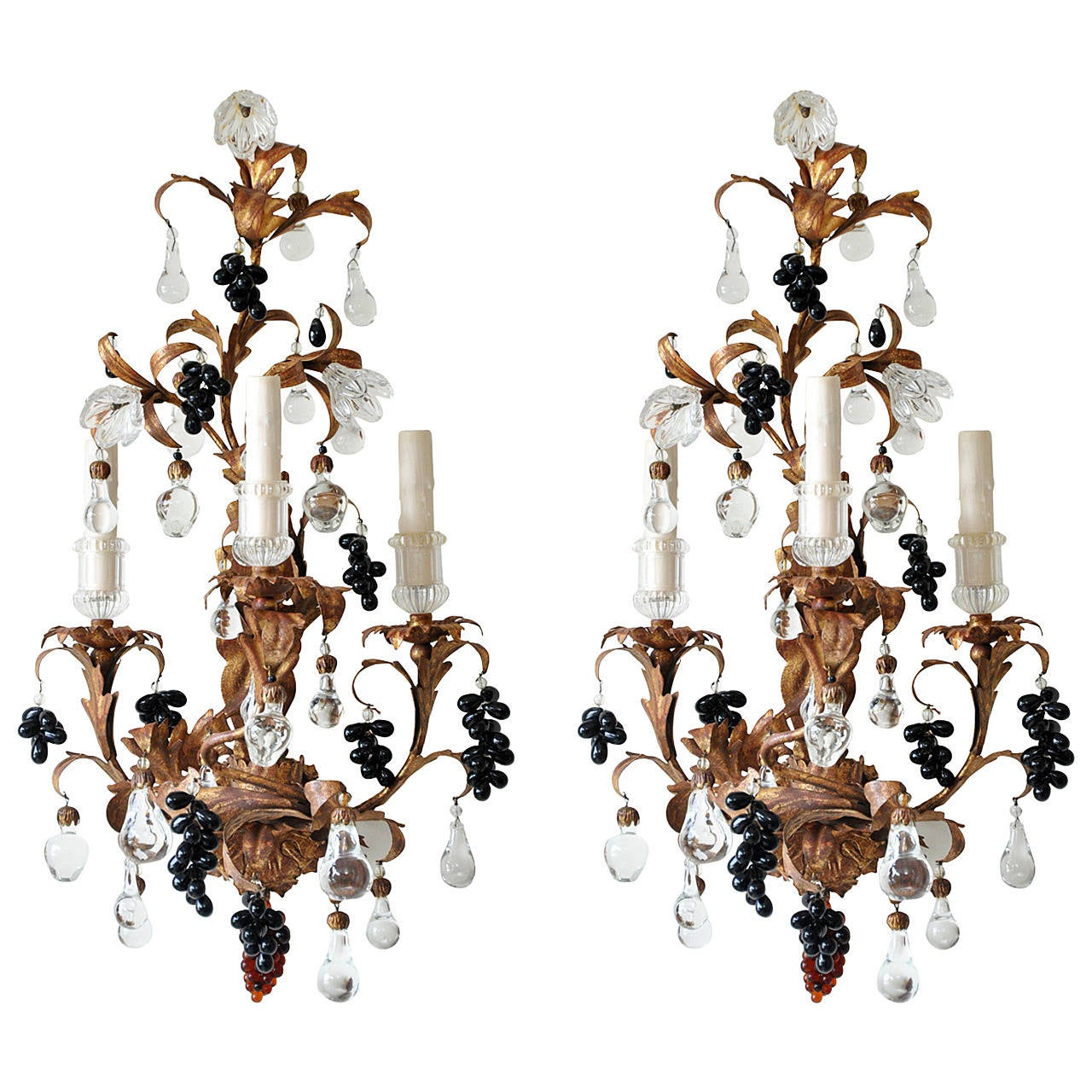 Pair of 19th Century Gilt Tole and Crystal Sconces For Sale