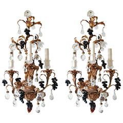 Pair of 19th Century Gilt Tole and Crystal Sconces