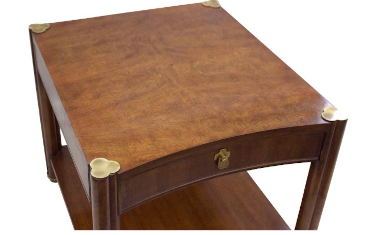 Classic side or end table with brass trefoil accents. Made by Weiman when it was still located in Rockford, IL. Maker's mark inside drawer.