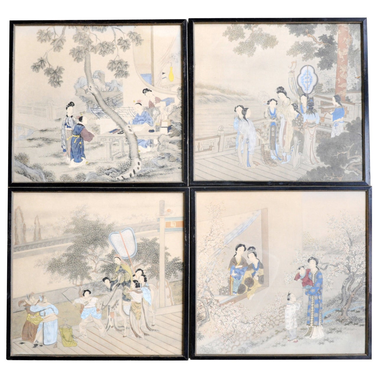 Set of Four 19th Century Chinese Watercolor Framed Paintings For Sale