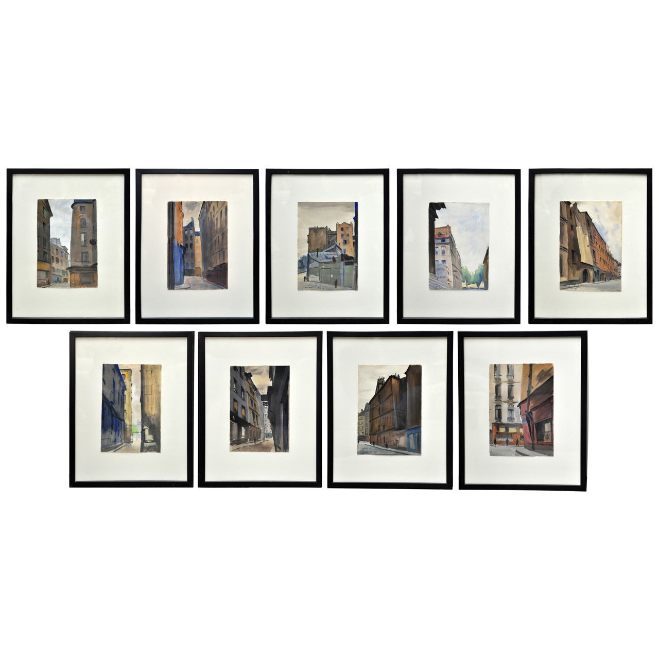 Set of Nine Original Watercolor Paintings of Paris Streets and Buildings