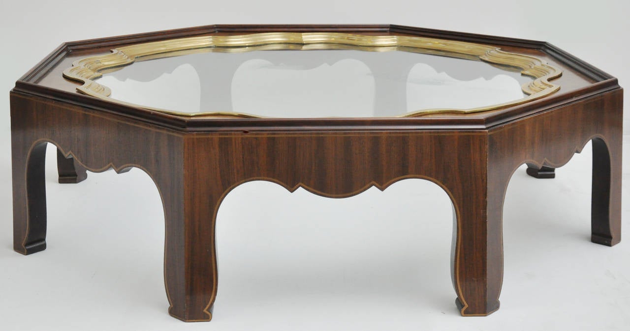 Baker Furniture Burled Wood Cocktail Table Brass and Glass Tray