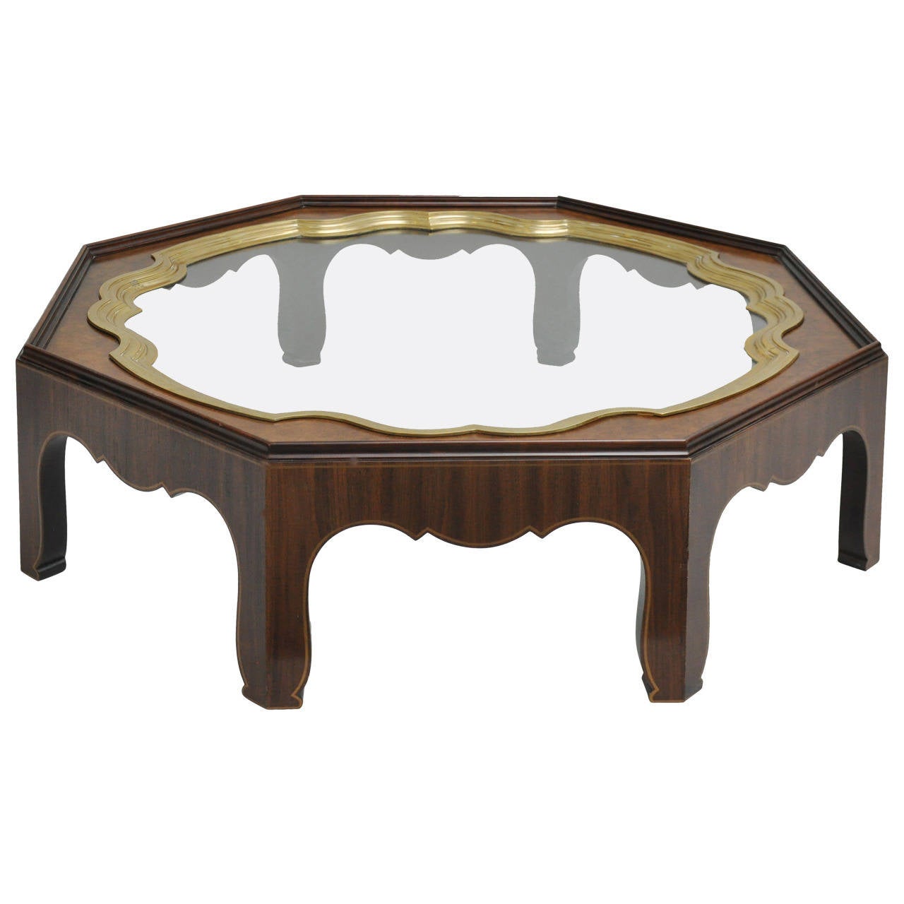 Baker Furniture Burled Wood Cocktail Table Brass and Glass Tray at 1stDibs