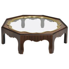 Baker Furniture Burled Wood Cocktail Table Brass and Glass Tray