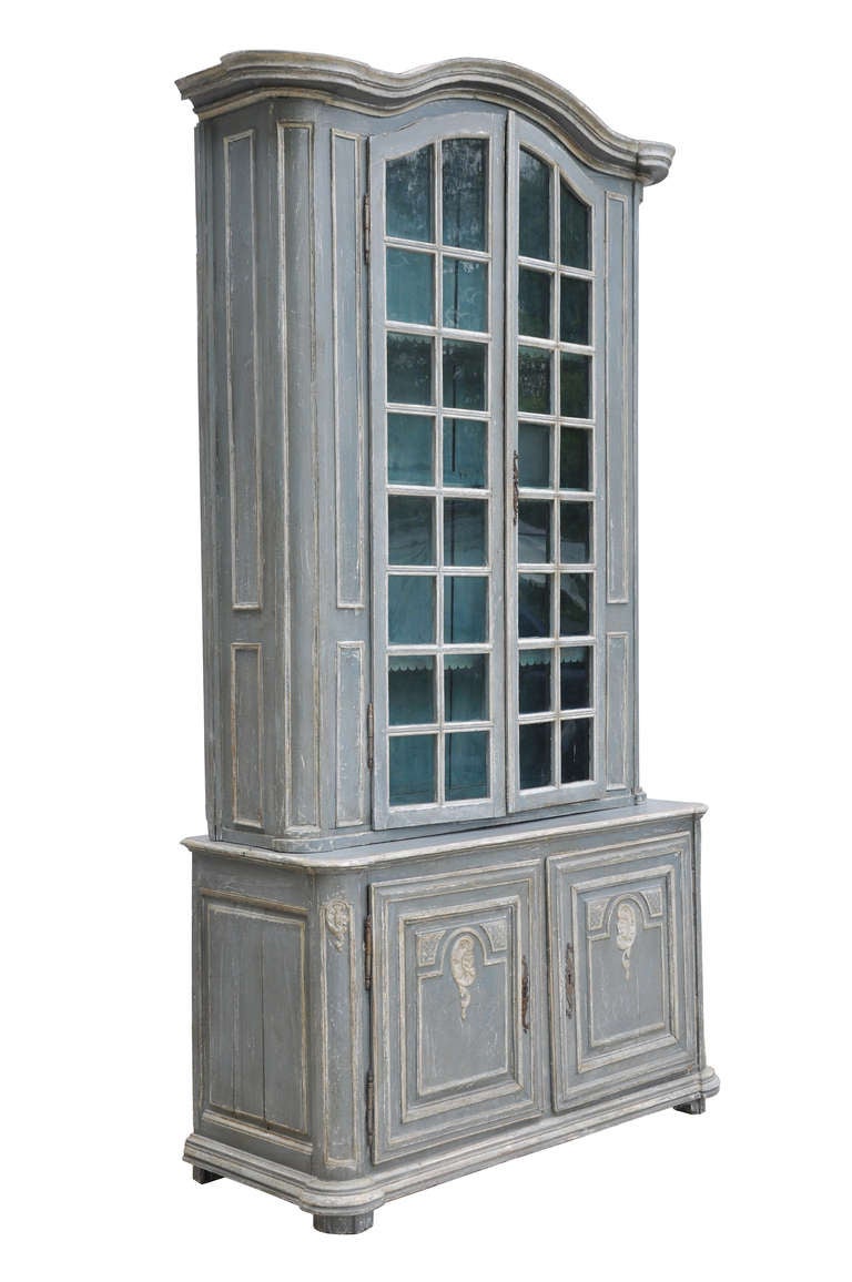 Authentic 18th Century Painted Buffet a Deux Corp from Provence. Beautiful scale with original (16) pane glass doors and scalloped interior shelves. Original hardware and exterior paint.