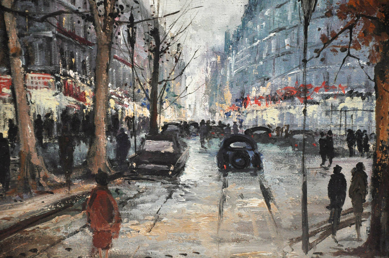 Mid Century oil painting of a Paris street scene.  Oil on canvas - nicely framed in the original gilt wood surround with a linen matt.  signed by the artist Gerard.