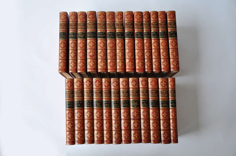 Kipling, Rudyard. The Bombay Edition of the Works of Rudyard Kipling. Twenty-five (25) Volumes. 8vo., 240x162 mm. Beautifully bound in contemporary English red polished calf, spines richly gilt, black and olive labels, t.e.g, others uncut. London: