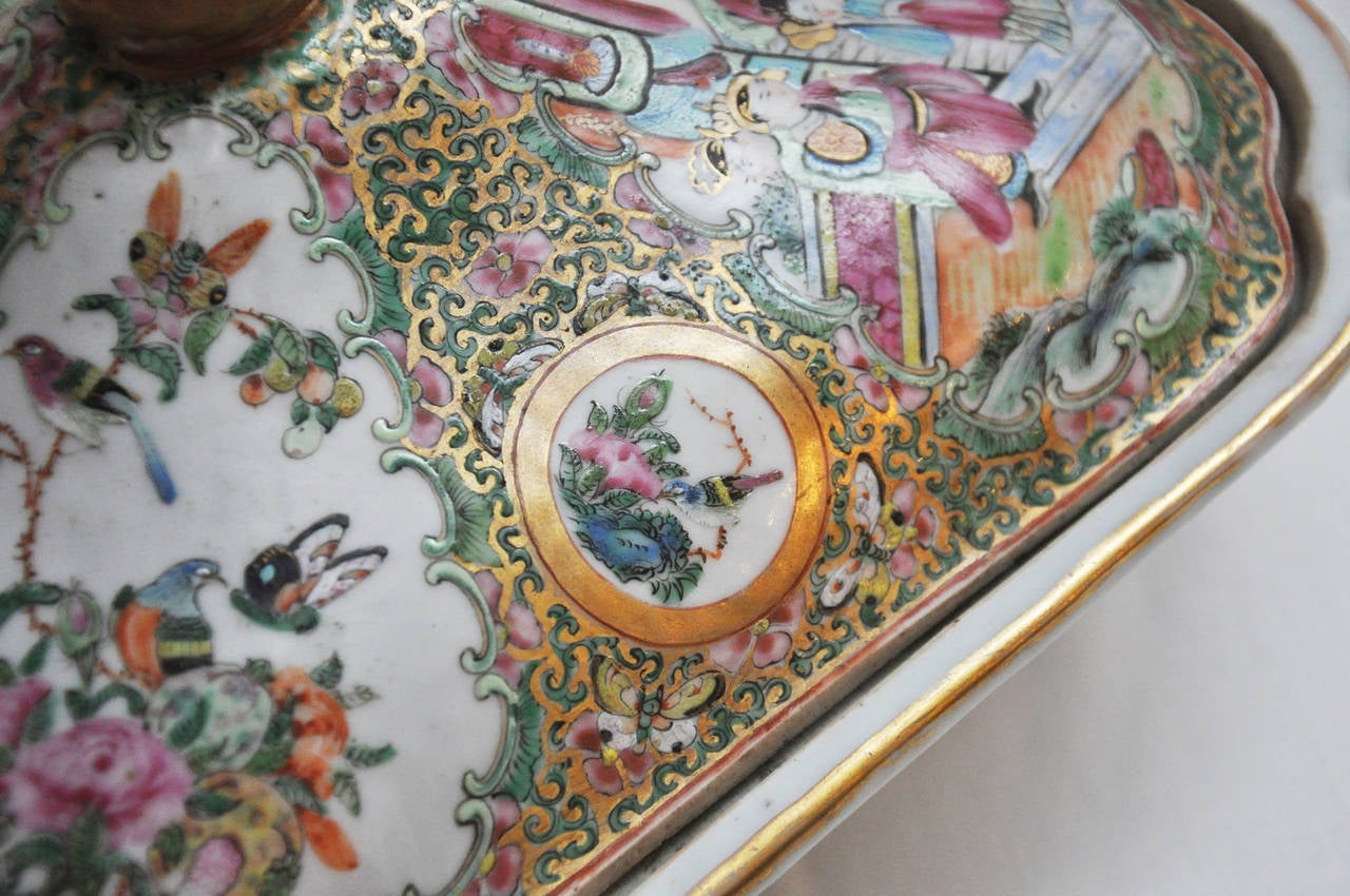 19th century Canton porcelain rose famille covered dish. Beautifully painted with figures, birds, flowers and insects. No chips.