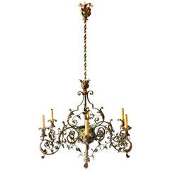 Italian Rococo Style Polychrome-Painted Wrought Iron Chandelier