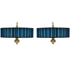 PAIR OF 1960S DARK AQUA - LIGHT AQUA AND BLACK HANGING LIGHTS