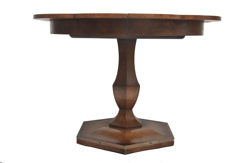 MASTERCRAFT BURLED ELM PEDESTAL DINING TABLE WITH THREE LEAVES