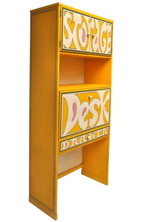 FANTASTIC MOD DESK BY DREXEL FURNITURE CIRCA LATE 1960S.  A SEVENTEEN MAGAZINE DESIGN CONTEST IN THE 1960S PRODUCED THIS LINE OF BEDROOM FURNITURE BY DREXEL.  GRAPHICS HAVE A PETER MAX FEEL TO THEM.