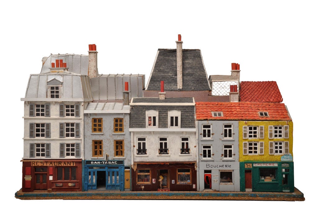 HANDMADE 3-D STREET SCENE OF PARIS SHOPS AND HOUSES.  DOLL HOUSE SIZE.  LOT'S OF ATTENTION TO DETAIL.