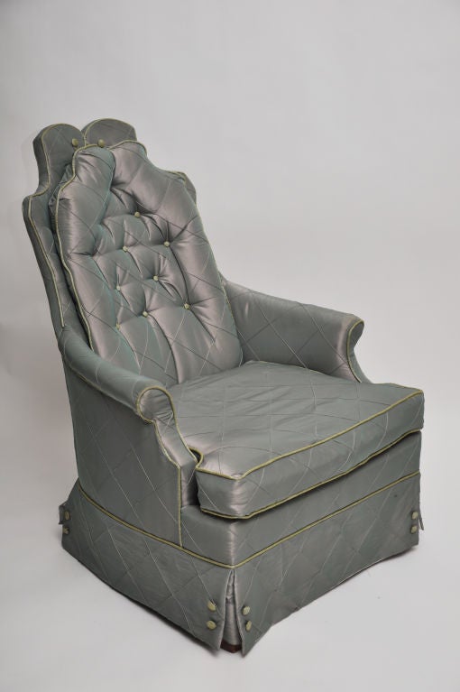 A BEAUTY.  SILK TAFFETA CHAIR CIRCA THE 1940S.  ORIGINAL TAFFETA FABRIC - AN IRIDESCENT BLUE GREEN WITH GREEN CORDING AND BUTTONS.  TUFTED BACK AND BUTTON TRIM.   EXCELLENT CONDITION!  BEAUTIFULLY DETAILED.