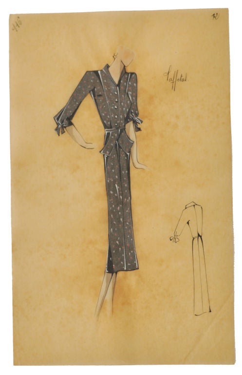 Mid-20th Century Original French Watercolor Fashion Drawings For Sale