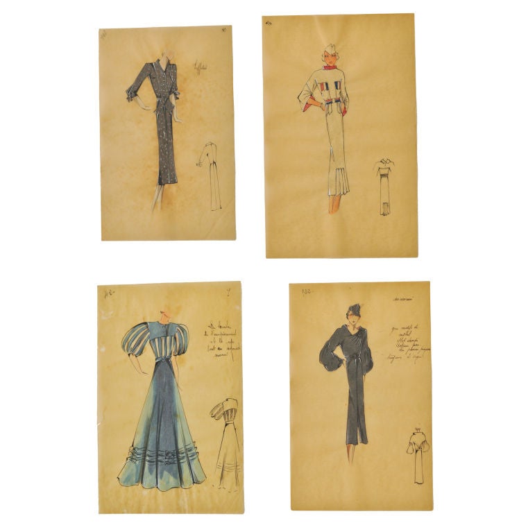 Original French Watercolor Fashion Drawings For Sale