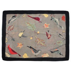 Vintage American Hooked Rug Birds And Leaves