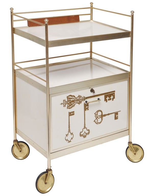 WONDERFUL BAR CART WITH KEY DESIGN ON THE FRONT DOOR.  TWO TIERED SHELVES AND FRONT OPENING DOOR WITH ORIGINAL KEY IN THE LOCK.