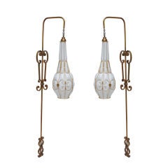 Pair Of White Murano Glass And Gold Caged Lanterns