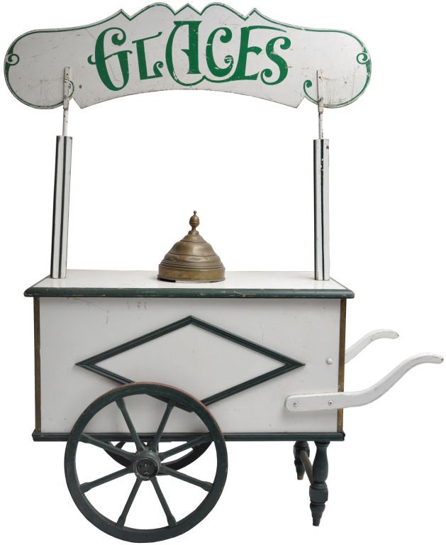 Magnificent French Ice Cream Cart.  AVAILABLE FOR RENTAL FOR PARTIES OR EVENTS.  Fun - circa 1950s wooden Glace cart.  Beautifully made with Directoire style appliqued wooden details.  Great for parties, prop, - charming.  Decorative brass cover