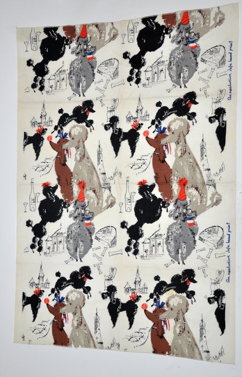 Charming Poodles in Party Hats vintage fabric panels by Lee Jofa.  Parisian them - Eiffel tower,  wine glasses and wine, park chairs and dog bones!  Fabric is 36