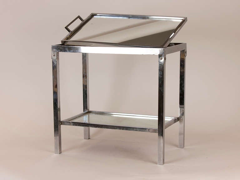 French Chrome and Mirror Side Table with Removable Tray