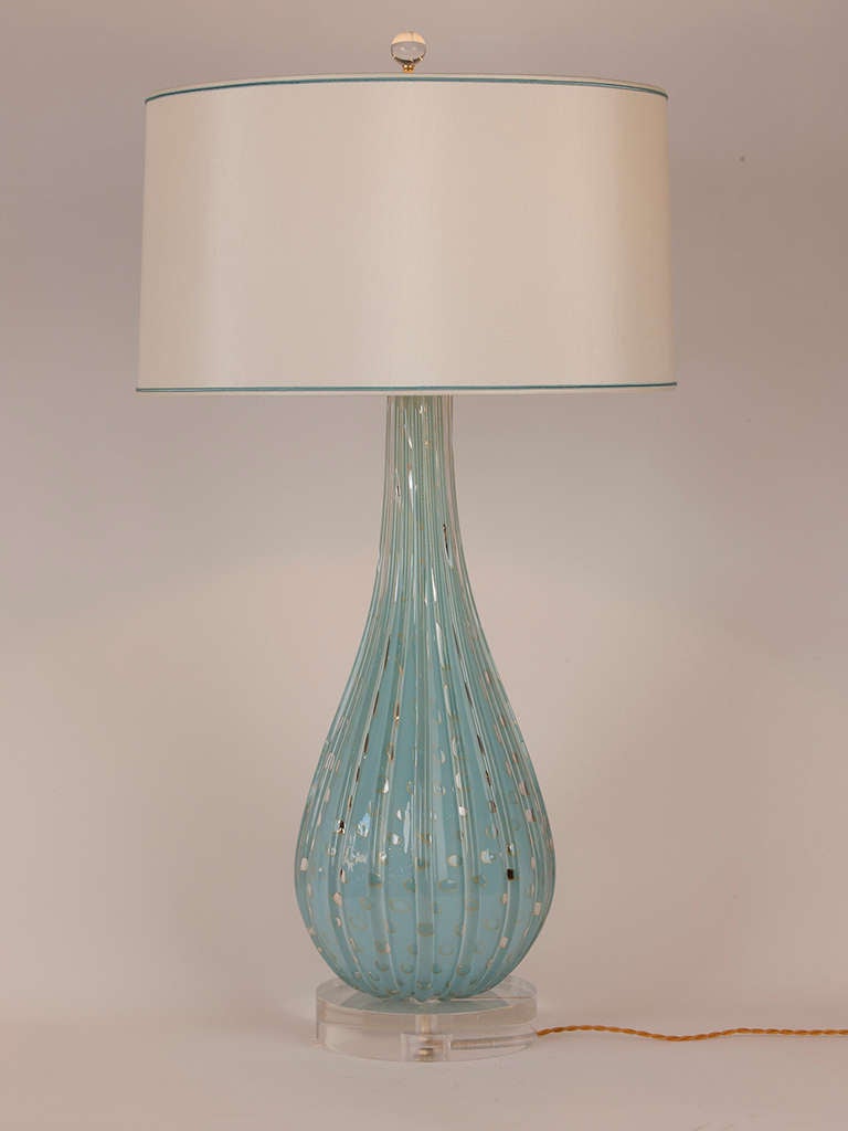 Rare large scale vintage Murano lamp in soft blue with controlled bubble detail featuring gold mica inclusions.  Custom silk shade made in Paris.