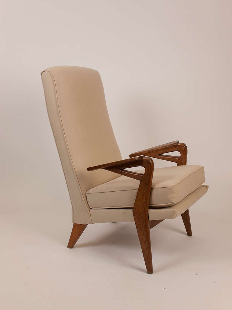 Lovely French oak armchair upholstered in ivory French linen.
