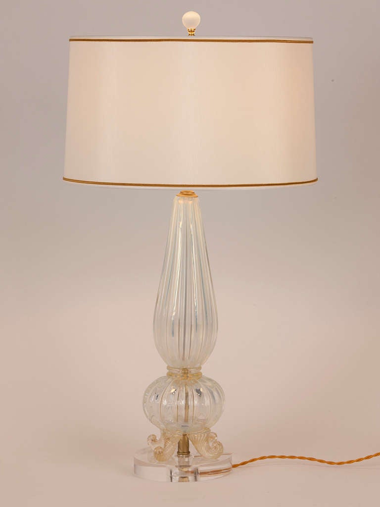 Pristine vintage Murano table lamp with blown glass feet.  Custom silk shade made in Paris