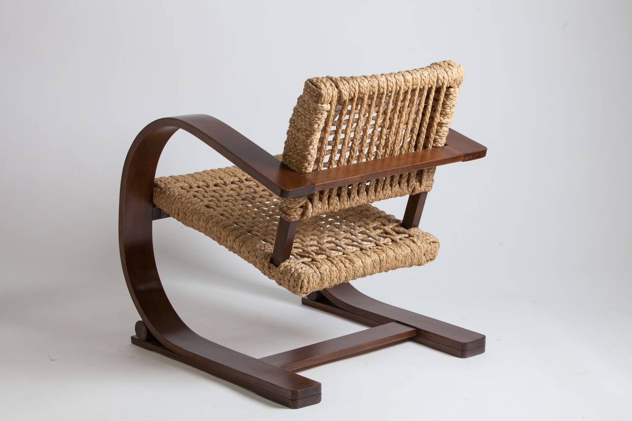 Pair of Audoux-Minet Bentwood Arm Chairs for Vibo. Chairs feature woven rope seating and restored wood.