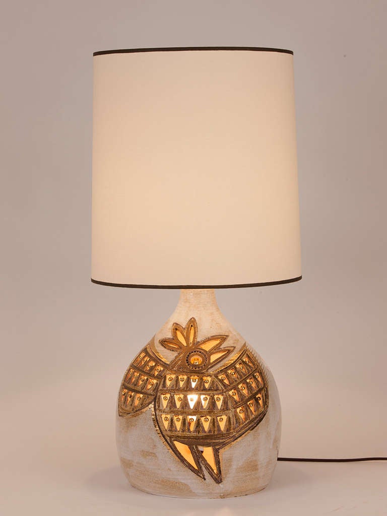 French ceramic table lamp with gilt bird motif by Pelletier.