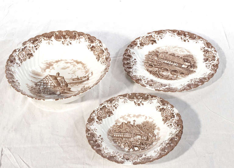 Striking set of Johnson Brothers, China. English country life series. Set includes a serving platter, serving bowl, two serving plates, 23 dinner plates, ten bowls and sauce.