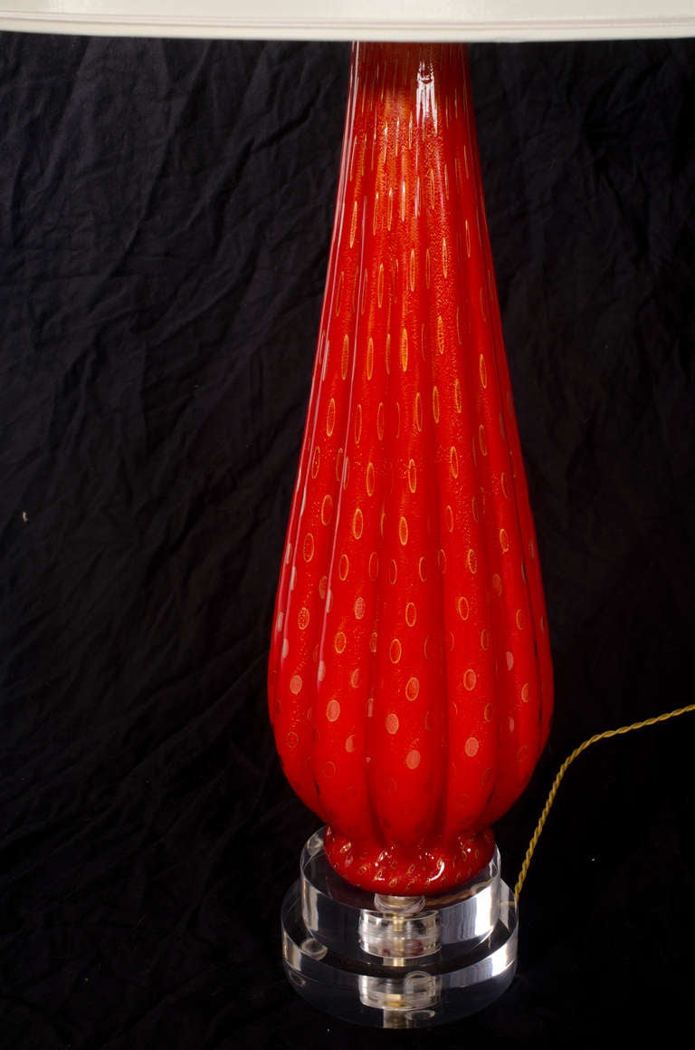 Rare large scale Murano lamp in deep red with gold bubble detail. Custom silk shade made in Paris
