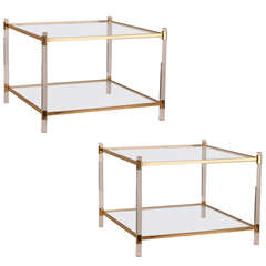 Pair of French Lucite, Brass and Glass Side Tables