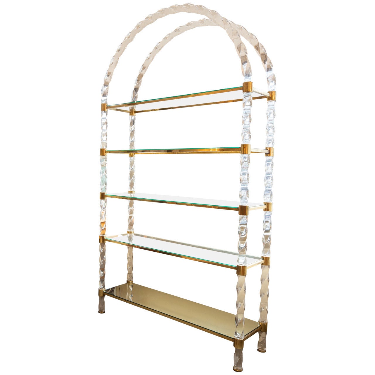 Twisted Lucite, Brass and Glass Bookcase