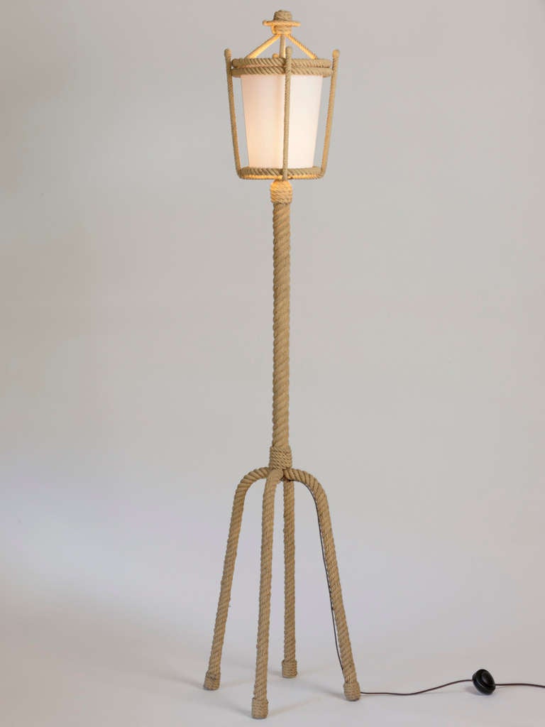 Vintage French rope floor lamp with lantern detail.  In the manner of Royere