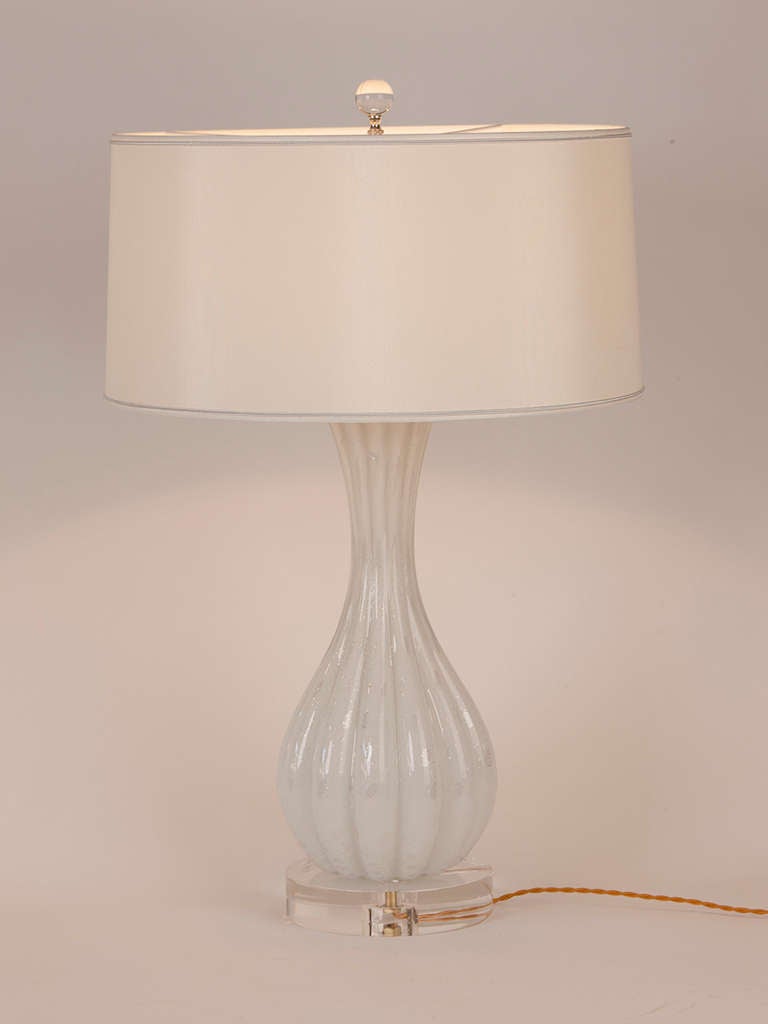 Lovely vintage Murano lamp featuring white glass body with silver mica and custom silk shade made in Paris.