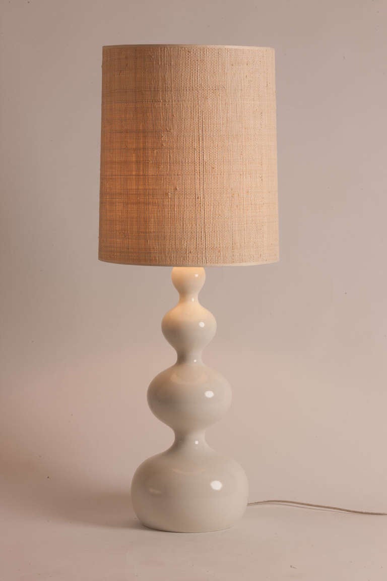 Rare French white lacquered wood lamp with custom Japanese straw shade made in Paris