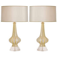 Pair of Vintage Murano Lamps in Copper, White and Chartreuse