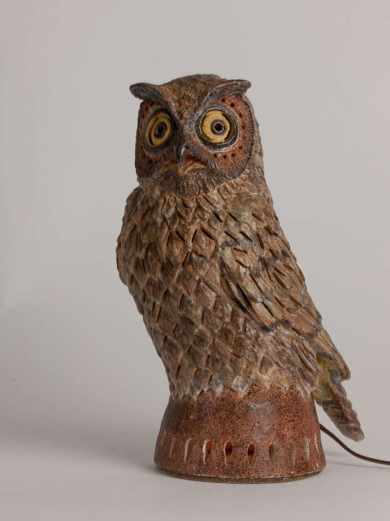 Rare French ceramic owl lamp or sculpture. Owl illuminates from within.