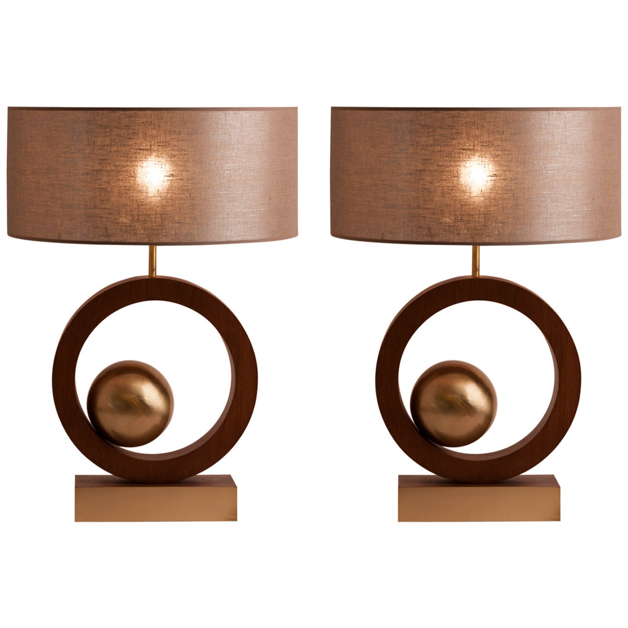 French Brass and Wood Table Lamps