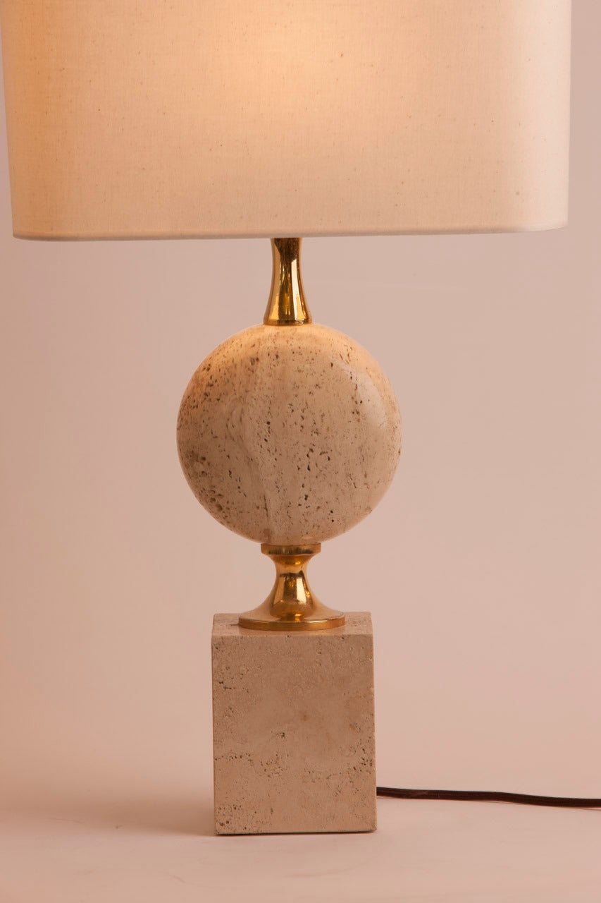 Pair of French polished travertine and brass table lamps by Maison Barbier. Custom silk shades created in Paris.