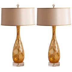 Pair of Vintage Amber and Cream Murano Lamps