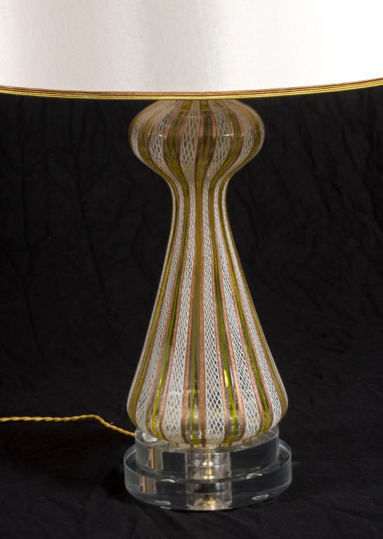 Vintage Dino Martens lamp in copper, white and chartreuse.  Custom silk shade made in Paris.