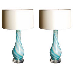 Pair of Blue, White and Green Swirl Murano Lamps