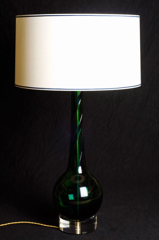 Large scale pair of green Murano lamps with navy stripe detail